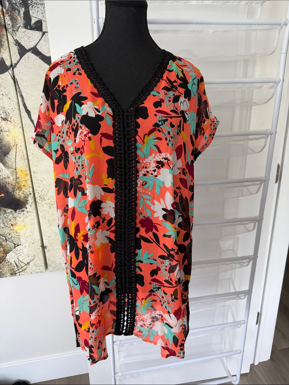 Floral Crochet-Trim V-Neck Tunic Dress - Coral Multi